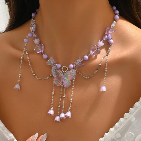 Charm Layered Butterfly Choker Necklaces for Women, Vintage Purple Butterflies Beaded Flower Pendant Tassel Chain Necklace Y2K Jewelry Fairy Aesthetic Gift in Saudi Arabia