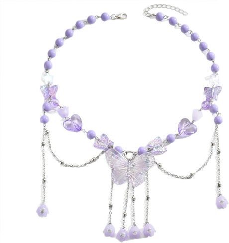 Charm Layered Butterfly Choker Necklaces for Women, Vintage Purple Butterflies Beaded Flower Pendant Tassel Chain Necklace Y2K Jewelry Fairy Aesthetic Gift in Saudi Arabia