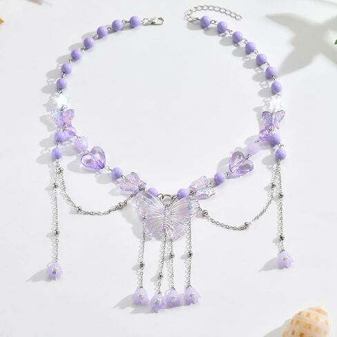 Charm Layered Butterfly Choker Necklaces for Women, Vintage Purple Butterflies Beaded Flower Pendant Tassel Chain Necklace Y2K Jewelry Fairy Aesthetic Gift in Saudi Arabia
