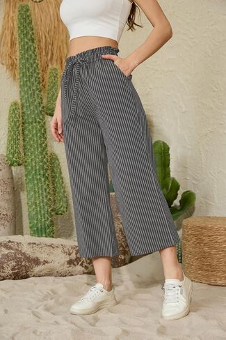 Womens Linen Pants Elastic High Waisted Wide Leg Drawstring Casual Loose Cropped Pants with Pockets in Saudi Arabia