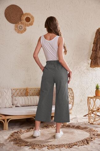 Womens Linen Pants Elastic High Waisted Wide Leg Drawstring Casual Loose Cropped Pants with Pockets in Saudi Arabia