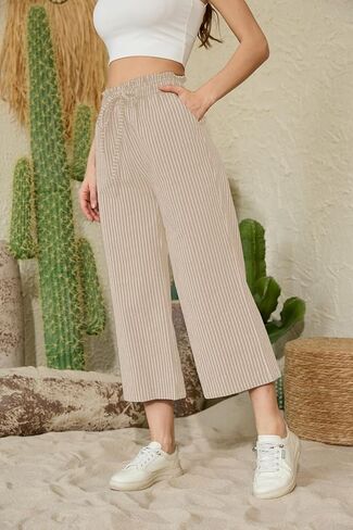 Womens Linen Pants Elastic High Waisted Wide Leg Drawstring Casual Loose Cropped Pants with Pockets in Saudi Arabia