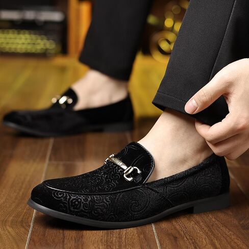 Cosidram Men's Velvet Penny Loafers Luxury Vintage Jacquard Pattern Classic Gold Buckle Party Press Shoes Shoes in Kuwait