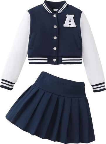 Girls Clothes Baseball Jacket Skirt Set Button Front Sweatshirt Pleated Skirt Clothing Set Back to School Outfits Size 7-8 in Kuwait