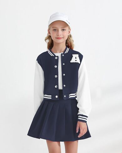 Girls Clothes Baseball Jacket Skirt Set Button Front Sweatshirt Pleated Skirt Clothing Set Back to School Outfits Size 7-8 in Kuwait