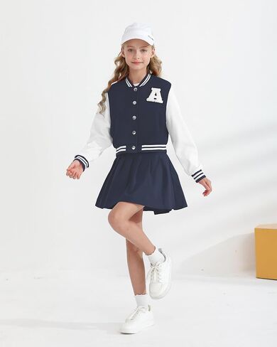Girls Clothes Baseball Jacket Skirt Set Button Front Sweatshirt Pleated Skirt Clothing Set Back to School Outfits Size 7-8 in Kuwait