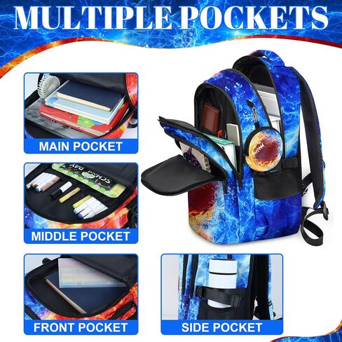 Baseball Backpack for Boys, Kids Baseball Backpack with Lunch Box Pencil Case and Coin Purse, School Bookbag for Student in Kuwait