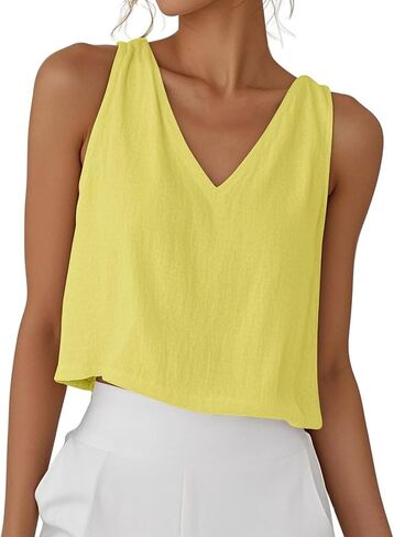 Womens Linen Crop Tank Tops Cute Summer Sleeveless Cropped Cotton Linen Tops Dressy Scoop Neck Camisole Tops in Saudi Arabia