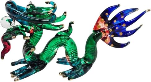 WitnyStore Tiny 3" Long Green Blue Chinese Dragon Figurine - Miniature Hand Blown Glass Mythical Creatures Colorful Crystal Animals Decorative Collectible Figurines Home Décor Gifts in Saudi Arabia