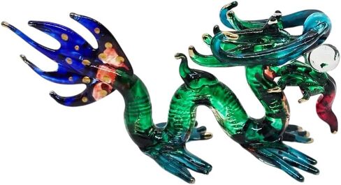 WitnyStore Tiny 3" Long Green Blue Chinese Dragon Figurine - Miniature Hand Blown Glass Mythical Creatures Colorful Crystal Animals Decorative Collectible Figurines Home Décor Gifts in Saudi Arabia