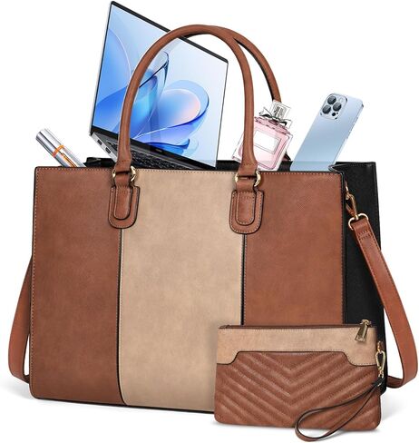 حقيبة كمبيوتر محمول من NEWHEY للنساء مقاس 15.6 بوصة، حقائب عمل جلدية، حقيبة كمبيوتر مع محفظة بمقبض، حقيبة مكتب احترافية، حقيبة يد مقاومة للماء، حقيبة كتف للأعمال والسفر والكلية، أسود in Kuwait