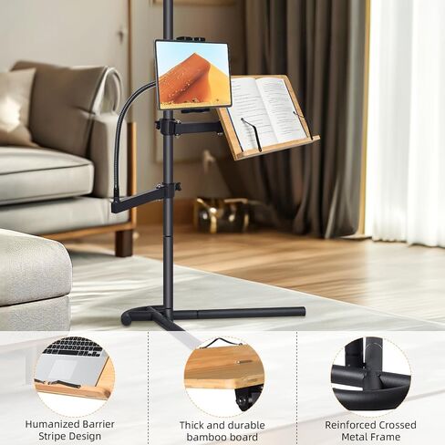 wishacc Rolling Bamboo Book Stand with Adjustable Height for Hands Free Reading, Rolling Lectern for Novels, Cookbooks, Laptops, Tablets, Mobile Phones, and More, Bamboo Surfaces, 4 Wheels,Black in Saudi Arabia