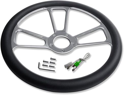 Chrome 14" Billet Aluminum 5 Holes Steering Wheel Split Tri Spoke Style with Black Leather Half Wrap in Saudi Arabia