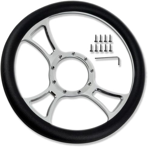Chrome 14" Billet Aluminum 5 Holes Steering Wheel Split Tri Spoke Style with Black Leather Half Wrap in Saudi Arabia
