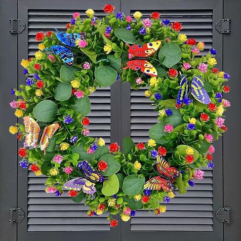 Spring Summer Wreaths for Front Door Outside,20 Inch Eucalyptus Wreath with Colorful Flowers and 5 Colorful Butterflies,Ideal for Porch,Mantel,Home Wall Decor in Saudi Arabia