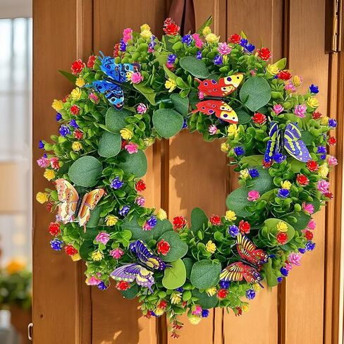Spring Summer Wreaths for Front Door Outside,20 Inch Eucalyptus Wreath with Colorful Flowers and 5 Colorful Butterflies,Ideal for Porch,Mantel,Home Wall Decor in Saudi Arabia