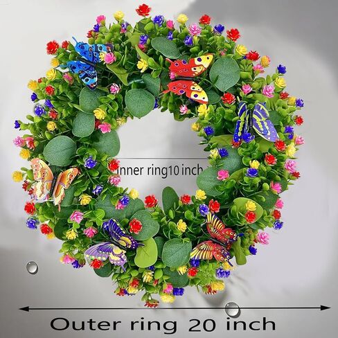 Spring Summer Wreaths for Front Door Outside,20 Inch Eucalyptus Wreath with Colorful Flowers and 5 Colorful Butterflies,Ideal for Porch,Mantel,Home Wall Decor in Saudi Arabia