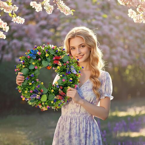 Spring Summer Wreaths for Front Door Outside,20 Inch Eucalyptus Wreath with Colorful Flowers and 5 Colorful Butterflies,Ideal for Porch,Mantel,Home Wall Decor in Saudi Arabia