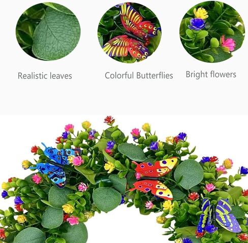 Spring Summer Wreaths for Front Door Outside,20 Inch Eucalyptus Wreath with Colorful Flowers and 5 Colorful Butterflies,Ideal for Porch,Mantel,Home Wall Decor in Saudi Arabia