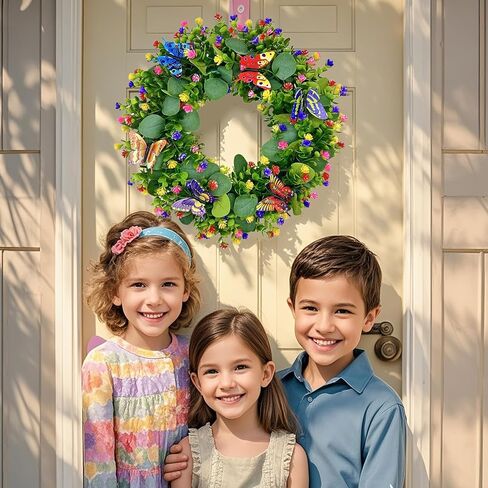 Spring Summer Wreaths for Front Door Outside,20 Inch Eucalyptus Wreath with Colorful Flowers and 5 Colorful Butterflies,Ideal for Porch,Mantel,Home Wall Decor in Saudi Arabia