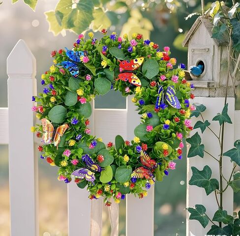 Spring Summer Wreaths for Front Door Outside,20 Inch Eucalyptus Wreath with Colorful Flowers and 5 Colorful Butterflies,Ideal for Porch,Mantel,Home Wall Decor in Saudi Arabia