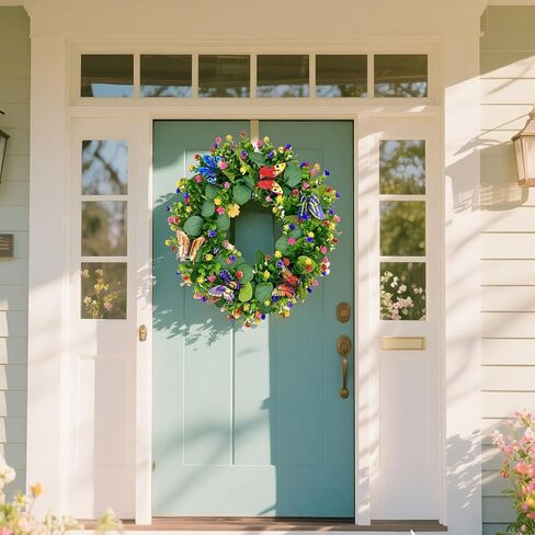 Spring Summer Wreaths for Front Door Outside,20 Inch Eucalyptus Wreath with Colorful Flowers and 5 Colorful Butterflies,Ideal for Porch,Mantel,Home Wall Decor in Saudi Arabia
