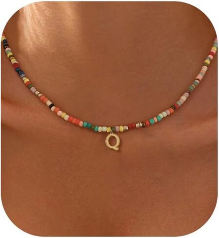Colorful Initial Necklaces for Women, 14k Gold Plated Summer Initial Necklace Cute Beach Letter Necklace Personalized Gold Necklaces for Women Trendy Preppy Gold Jewelry for Womens in Kuwait