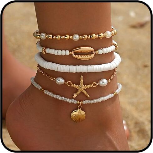 3PCS Boho Anklets for Women Summer Beach Women's Ankle Bracelets Beaded Anklet Bracelet Waterproof Beach Anklets Shell Starfish Anklet Foot Chain Jewelry for Women in Kuwait
