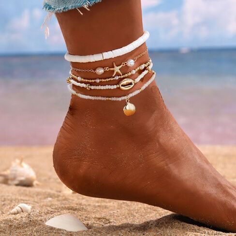 3PCS Boho Anklets for Women Summer Beach Women's Ankle Bracelets Beaded Anklet Bracelet Waterproof Beach Anklets Shell Starfish Anklet Foot Chain Jewelry for Women in Kuwait