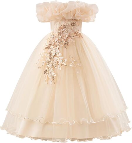 IBTOM CASTLE Flower Girl Sleeveless Sequin Floral Applique Tulle Tulle Long Dress Kids Wedding Formal Pageant Ball Gown in Saudi Arabia