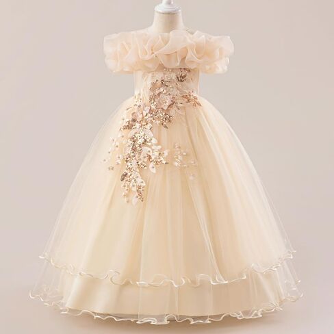 IBTOM CASTLE Flower Girl Sleeveless Sequin Floral Applique Tulle Tulle Long Dress Kids Wedding Formal Pageant Ball Gown in Saudi Arabia