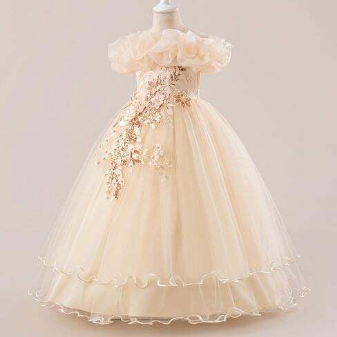 IBTOM CASTLE Flower Girl Sleeveless Sequin Floral Applique Tulle Tulle Long Dress Kids Wedding Formal Pageant Ball Gown in Saudi Arabia