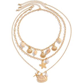 Charm Shell Necklace for Women Ocean Layered Summer Beach Jewelry Gold Plated Stackable Chain Boho Starfish & Pearl Gift in Kuwait