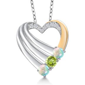 GEM Stone King 925 Silver و 10K Gold Gold Morted White Opal و Green Peridot و White Lab Grown Diamond Heart Pendant للنساء | 0.90 CTTW | شهر أكتوبر | بسلسلة 18 بوصة in Kuwait