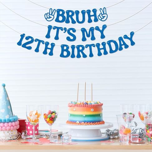 Bruh It's My 12th Birthday Banner - Boy 12 Years Old Party Decor, Teen Boy Party Sign, Funny 12th Bruh Birthday Bunting Black Glitter in Saudi Arabia
