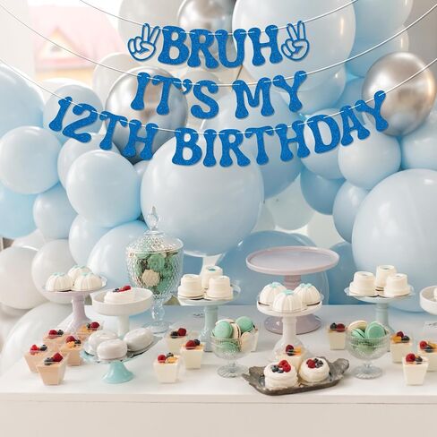 Bruh It's My 12th Birthday Banner - Boy 12 Years Old Party Decor, Teen Boy Party Sign, Funny 12th Bruh Birthday Bunting Black Glitter in Saudi Arabia