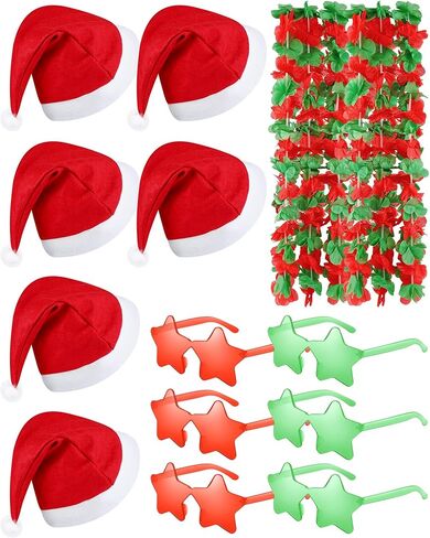 MEPase 18 PCS Christmas في يوليو يحتفل الحفلات عيد الميلاد قبعات Santa Hawaiian Flower Leis Star Glasses للبالغين الحفلة الصيفية in Saudi Arabia