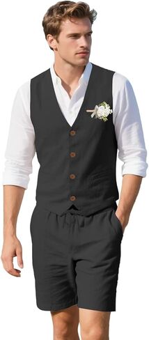 Retro Mens Linen Suit 2 Piece Vest Short Suits for Men Casual Summer Beach Groom Wedding Suit Linen Vest Shorts Set in Kuwait