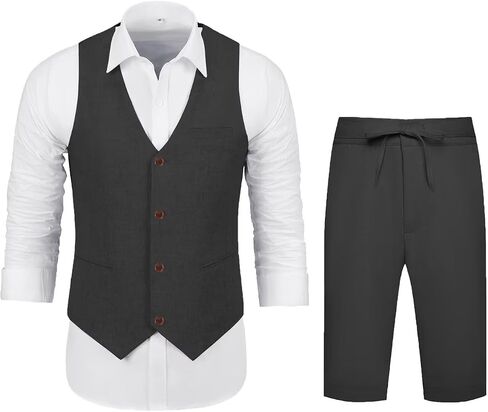 Retro Mens Linen Suit 2 Piece Vest Short Suits for Men Casual Summer Beach Groom Wedding Suit Linen Vest Shorts Set in Kuwait