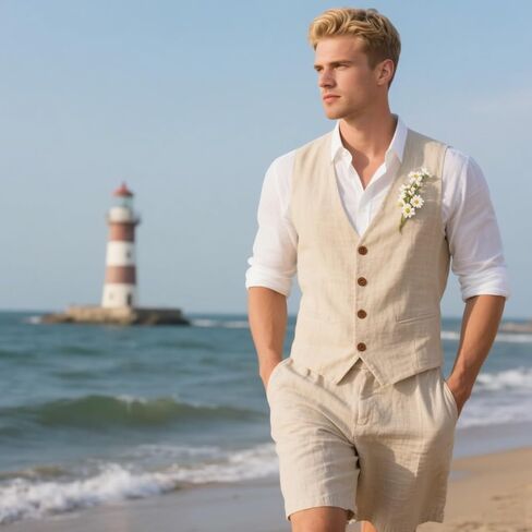 Retro Mens Linen Suit 2 Piece Vest Short Suits for Men Casual Summer Beach Groom Wedding Suit Linen Vest Shorts Set in Kuwait