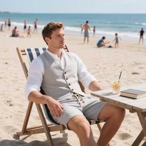 Retro Mens Linen Suit 2 Piece Vest Short Suits for Men Casual Summer Beach Groom Wedding Suit Linen Vest Shorts Set in Kuwait