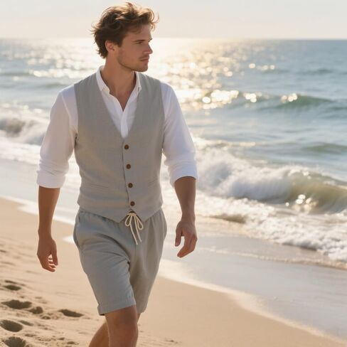 Retro Mens Linen Suit 2 Piece Vest Short Suits for Men Casual Summer Beach Groom Wedding Suit Linen Vest Shorts Set in Kuwait