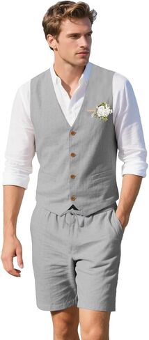 Retro Mens Linen Suit 2 Piece Vest Short Suits for Men Casual Summer Beach Groom Wedding Suit Linen Vest Shorts Set in Kuwait