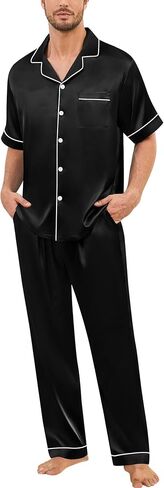 Swomog Mens Pajamas Set Satin PJ Set Short Sleeve Withour Button Down Lounge مجموعة مع الرباط والجيوب S-3XL in Kuwait