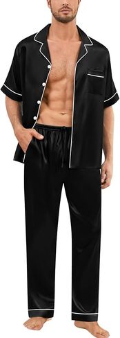 Swomog Mens Pajamas Set Satin PJ Set Short Sleeve Withour Button Down Lounge مجموعة مع الرباط والجيوب S-3XL in Kuwait
