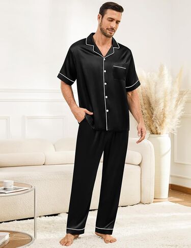 Swomog Mens Pajamas Set Satin PJ Set Short Sleeve Withour Button Down Lounge مجموعة مع الرباط والجيوب S-3XL in Kuwait
