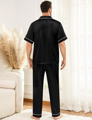 Swomog Mens Pajamas Set Satin PJ Set Short Sleeve Withour Button Down Lounge مجموعة مع الرباط والجيوب S-3XL in Kuwait