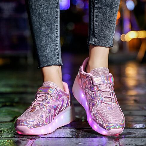 Girls Roller Shoes LED Lights Up Sneakers with Wheels Removable Lightweight Roller Skates Boys Beginners Trainers Skate Comfortable Sports Footwear Athletic USB Charge Sneaker Kids Gifts in Kuwait