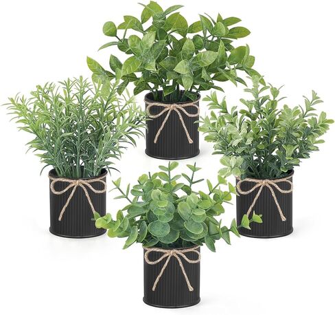 Mkono 4 Packs Small Fake Plants in Farmhouse Galvanized Pots Table Centerpiece Mini Potted Artificial Plants Faux Eucalyptus for Shelf Office Rustic Home Decor in Saudi Arabia