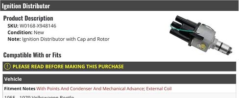 Ignition Distributor with Cap and Rotor - Compatible with 1955-1979 Volkswagen Beetle with Points, Condenser, Mechanical Advance, and External Coil, W0168-X948146 in Saudi Arabia